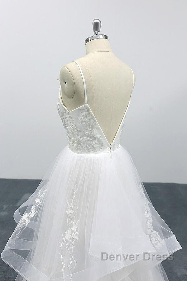 Long A-line Sweetheart Appliques Spaghetti Strap Tulle Wedding Dresses