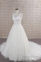 Long A-line Sweetheart Applqiues Lace Tulle Wedding Dresses