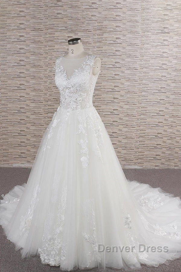 Long A-line Sweetheart Applqiues Lace Tulle Wedding Dresses