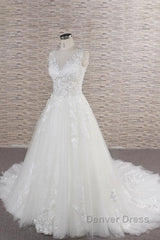 Long A-line Sweetheart Applqiues Lace Tulle Wedding Dresses