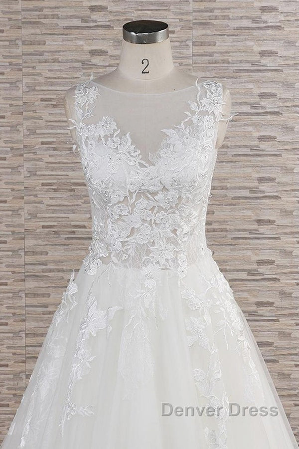 Long A-line Sweetheart Applqiues Lace Tulle Wedding Dresses