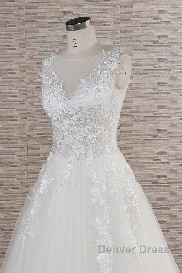 Long A-line Sweetheart Applqiues Lace Tulle Wedding Dresses