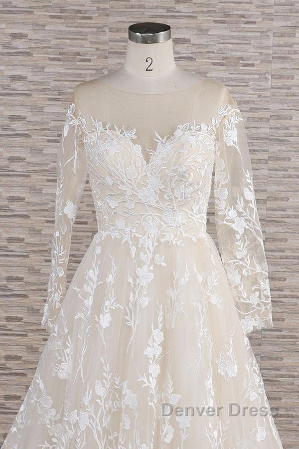 Long A-line Sweetheart Applqiues Tulle Wedding Dresses with Sleeves