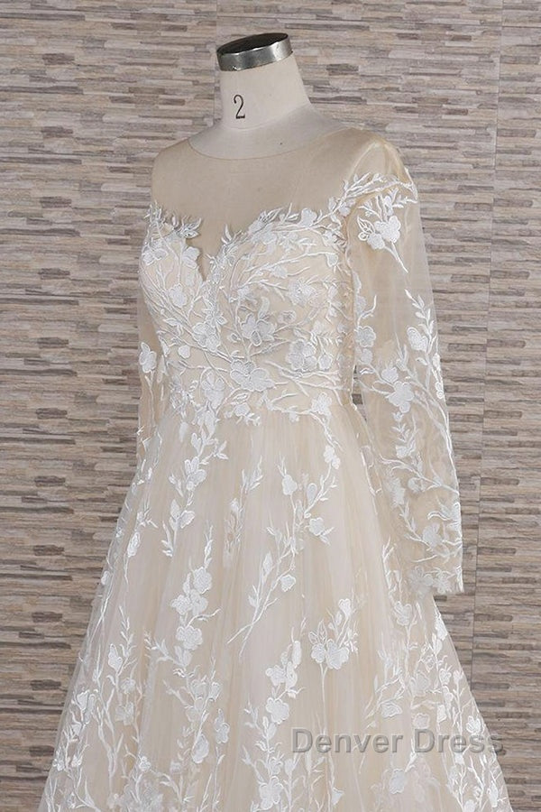 Long A-line Sweetheart Applqiues Tulle Wedding Dresses with Sleeves