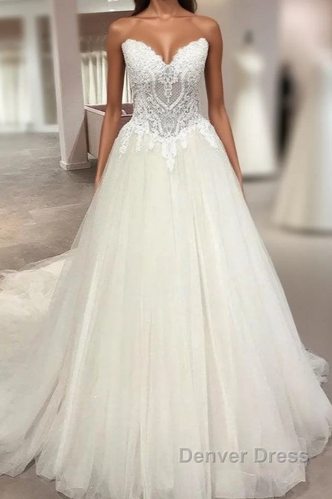 Long A-Line Sweetheart Backless Tulle Appliques Lace Wedding Dresses Main image