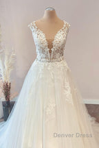Long A-Line Sweetheart Floral Lace Tulle Wedding Dresses
