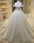 Long A-Line Sweetheart Off-the-Shoulder Appliques Lace Ruffles Wedding Dresses