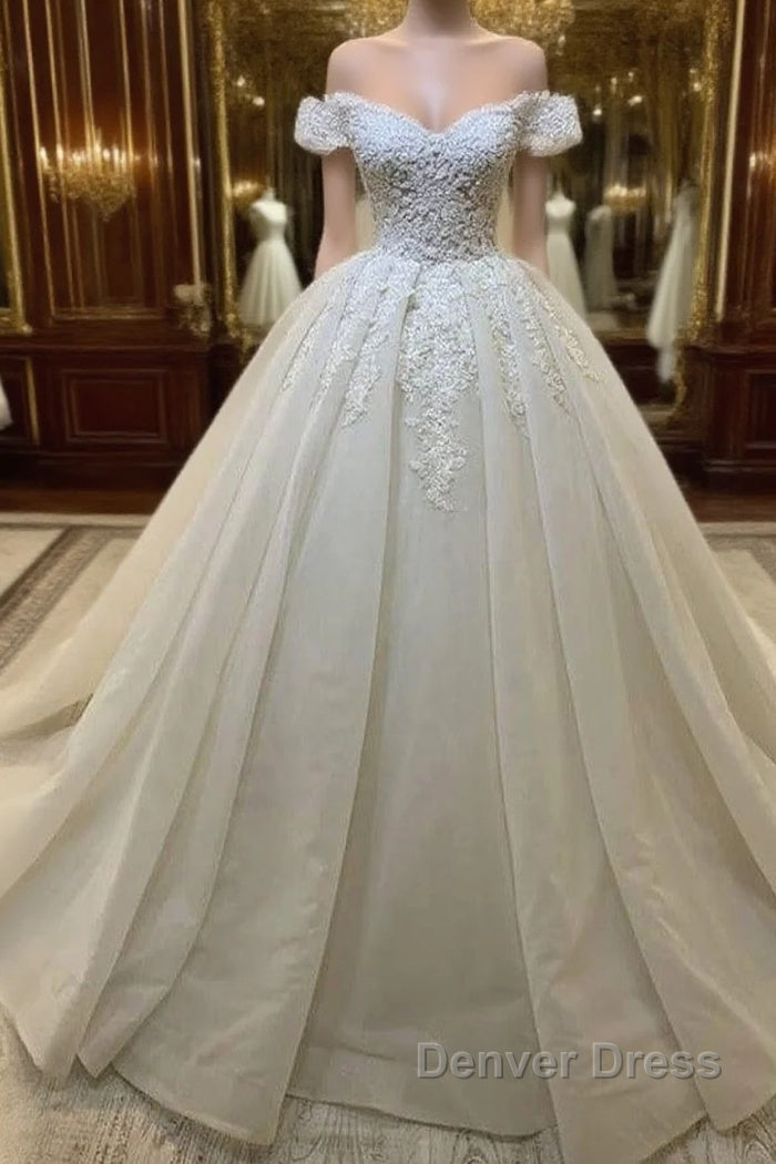 Long A-Line Sweetheart Off-the-Shoulder Appliques Lace Ruffles Wedding Dresses Main image