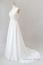 Long A-line Sweetheart Spaghetti Strap Appliques Chiffon Wedding Dresses