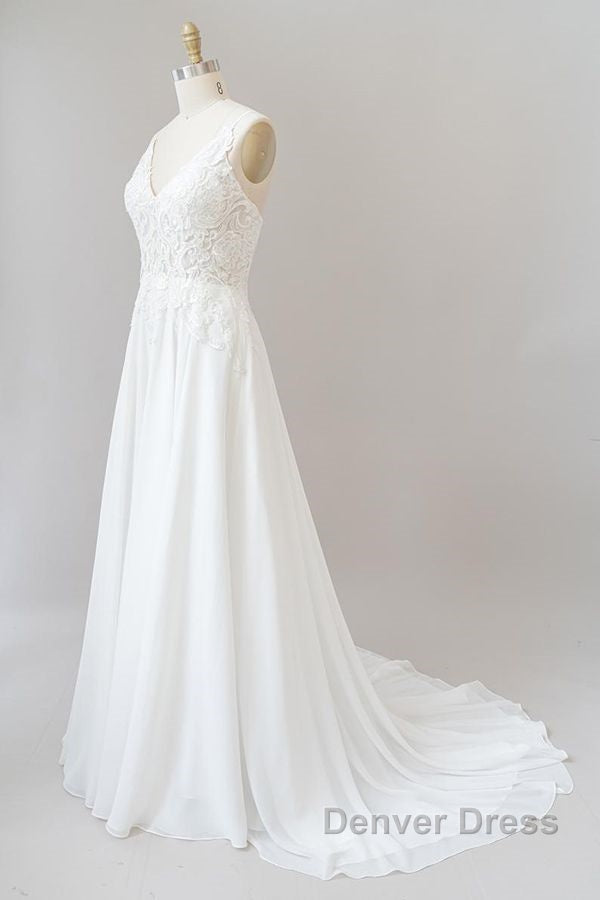 Long A Line Sweetheart Spaghetti Strap Appliques Chiffon Wedding Dresses