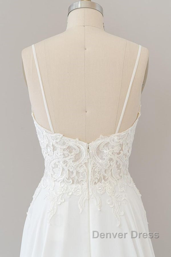 Long A-line Sweetheart Spaghetti Strap Appliques Chiffon Wedding Dresses