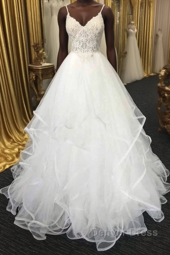 Long A-line Sweetheart Spaghetti Straps Lace Tulle Wedding Dresses Main image