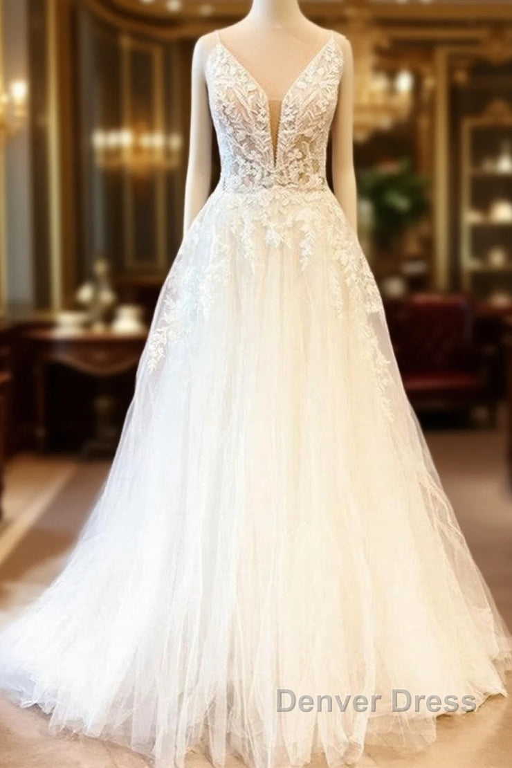 Long A-Line Sweetheart Spaghetti Straps Tulle Wedding Dresses Main image