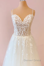 Long A-Line Sweetheart Tulle Appliques Lace Wedding Dresses