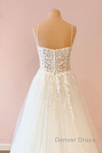 Long A-Line Sweetheart Tulle Appliques Lace Wedding Dresses