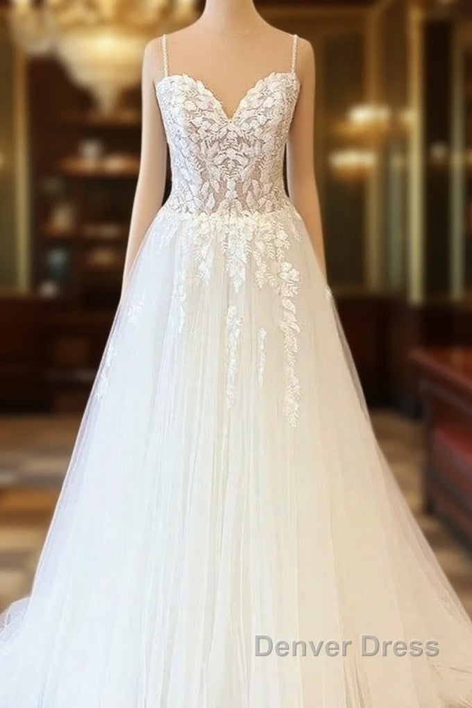 Long A-Line Sweetheart Tulle Appliques Lace Wedding Dresses