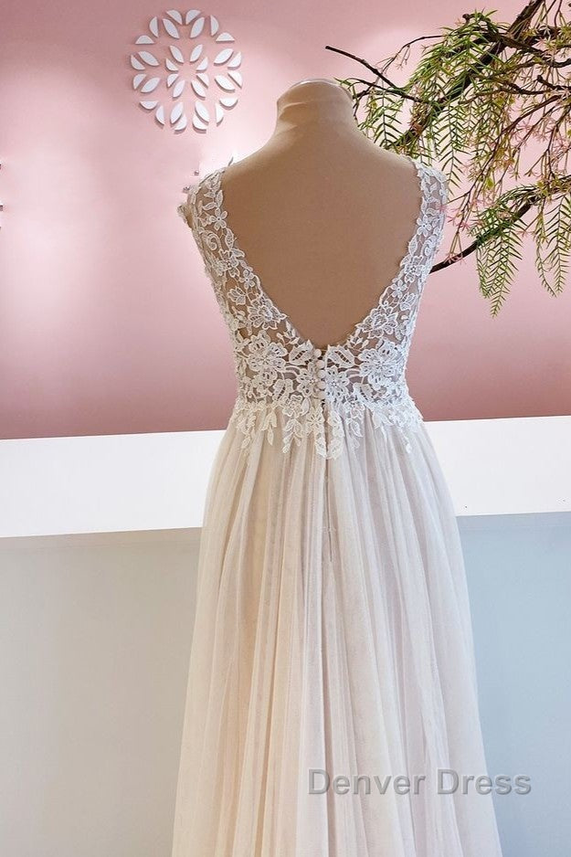 Long A-Line Sweetheart Tulle Backless Wedding Dresses With Floral Lace