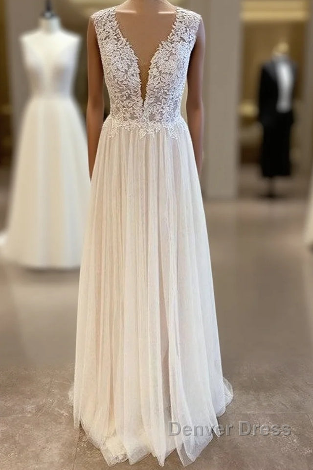 Long A-Line Sweetheart Tulle Backless Wedding Dresses With Floral Lace Main image