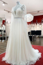 Long A Line Sweetheart Tulle Beadings Lace Appliques Wedding Dresses With Sleeves