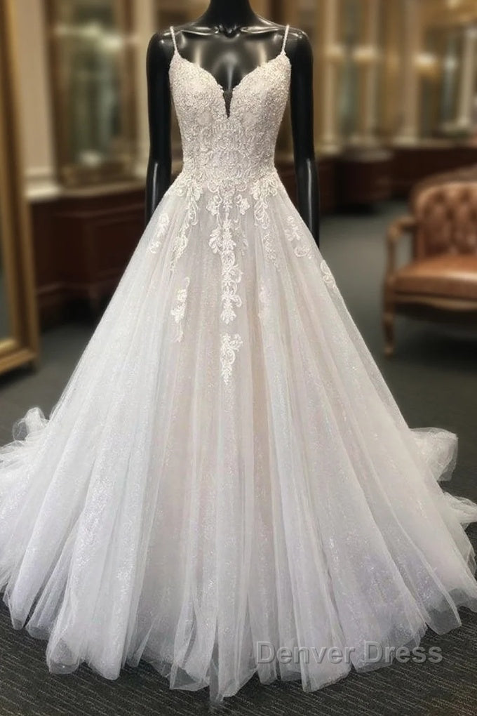 Long A-line Sweetheart Tulle Lace Spaghetti Straps Wedding Dresses