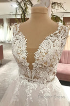 Long A Line Sweetheart Tulle Wedding Dresses With Appliques Lace