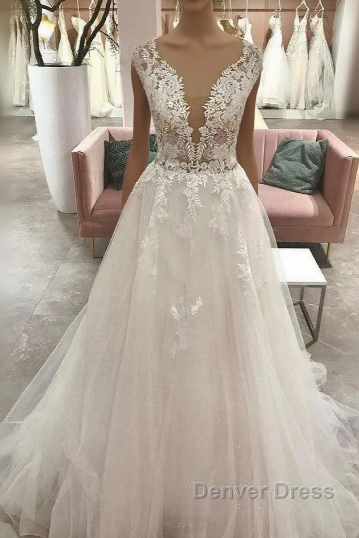 Long A-Line Sweetheart Tulle Wedding Dresses With Appliques Lace Main image