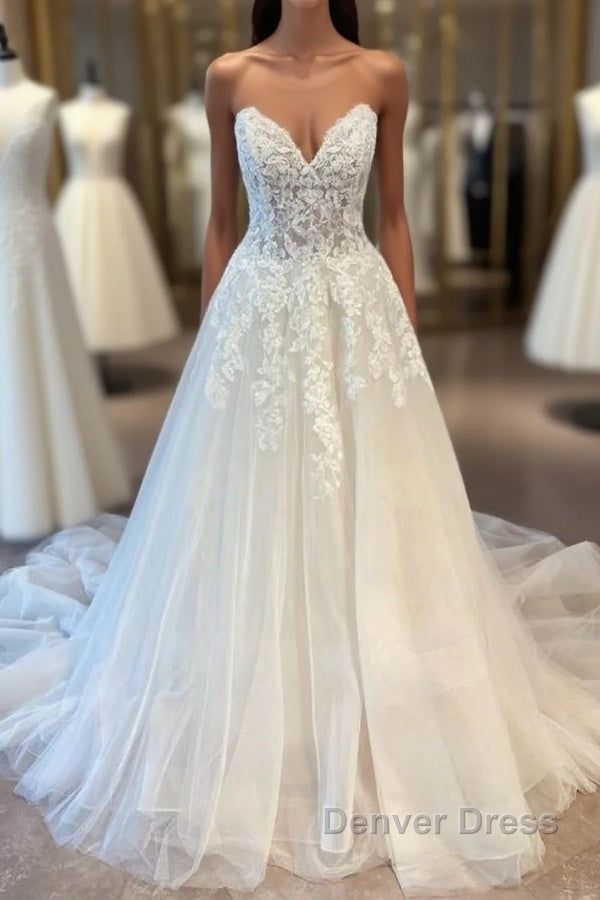 Long A-line Sweetheart Tulle Wedding Dresses with Lace Main image