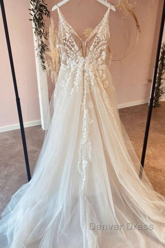 Long A-Line Tulle Appliques Lace Spaghetti Straps V-neck Backless Wedding Dresses