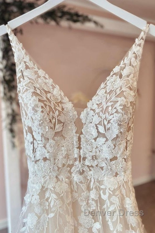 Long A Line Tulle Appliques Lace Spaghetti Straps V Neck Backless Wedding Dresses