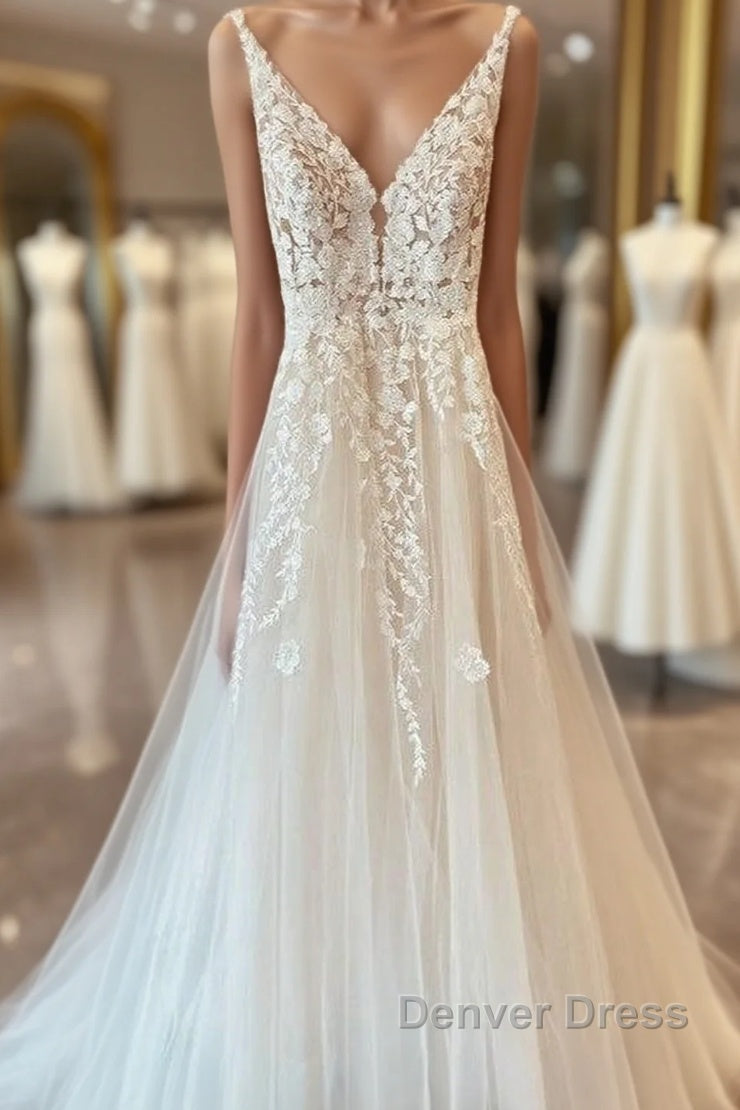 Long A-Line Tulle Appliques Lace Spaghetti Straps V-neck Backless Wedding Dresses Main image