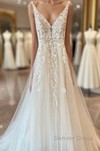 Long A-Line Tulle Appliques Lace Spaghetti Straps V-neck Backless Wedding Dresses