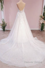 Long A-Line Tulle Backless Appliques Lace Sweetheart Wedding Dresses