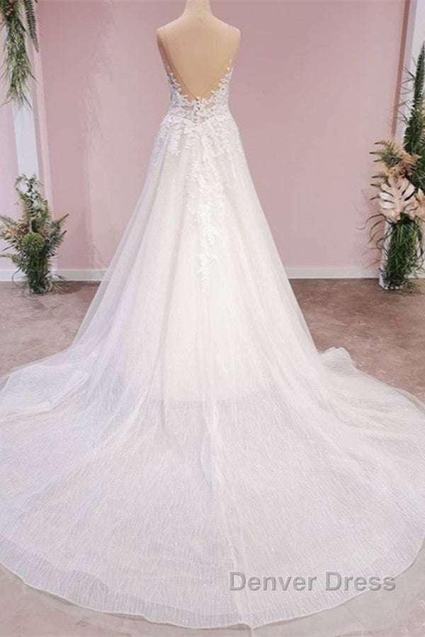 Long A Line Tulle Backless Appliques Lace Sweetheart Wedding Dresses