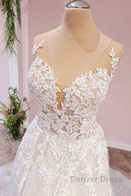 Long A Line Tulle Backless Appliques Lace Sweetheart Wedding Dresses