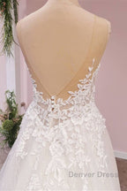 Long A Line Tulle Backless Appliques Lace Sweetheart Wedding Dresses
