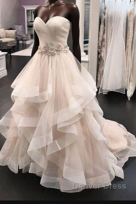 Long A Line Tulle Beaded Waistline Sweetheart Wedding Dresses