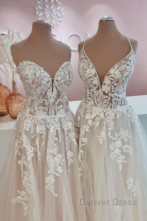 Long A Line Tulle Lace Appliques Backless Wedding Dresses