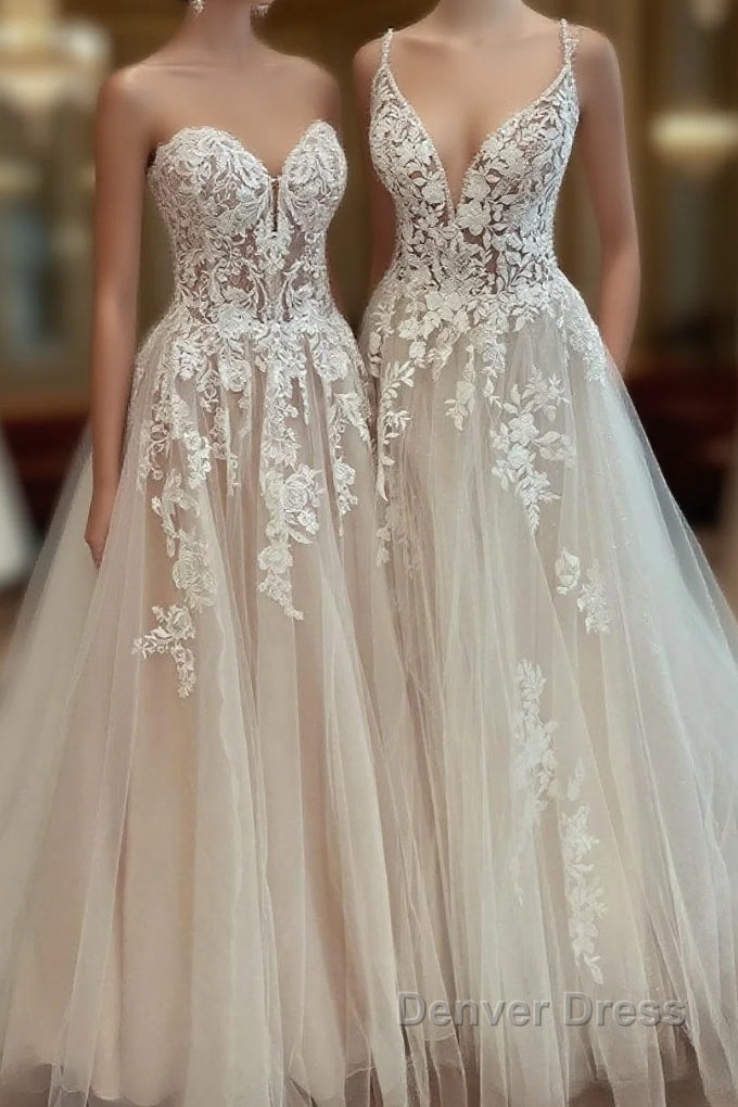 Long A-Line Tulle Lace Appliques Backless Wedding Dresses Main image