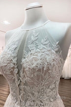 Long A Line Tulle Open Back Halter Sleeveless Lace Wedding Dresses