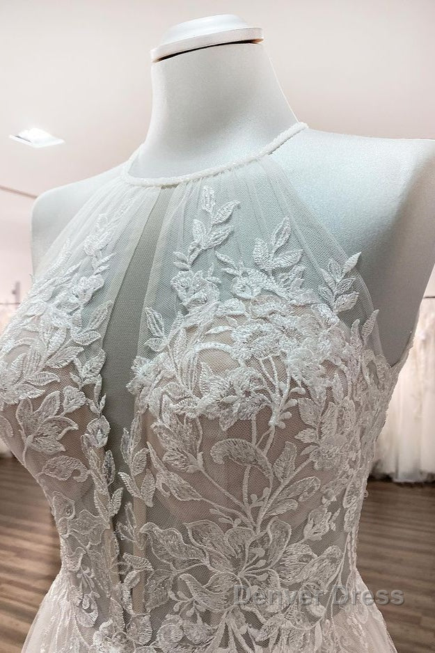 Long A Line Tulle Open Back Halter Sleeveless Lace Wedding Dresses