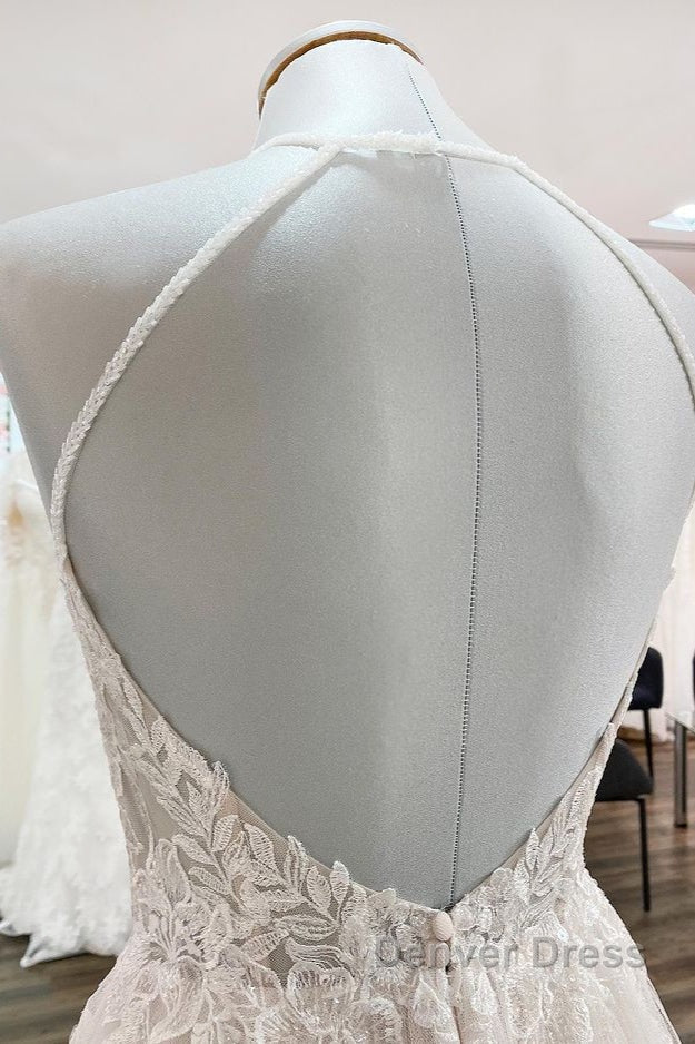 Long A Line Tulle Open Back Halter Sleeveless Lace Wedding Dresses