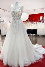 Long A Line Tulle Sleevless Ruffles Jewel Wedding Dresses With Lace Appliques