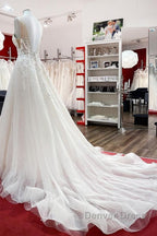 Long A-line Tulle Sleevless Ruffles Jewel Wedding Dresses With Lace Appliques