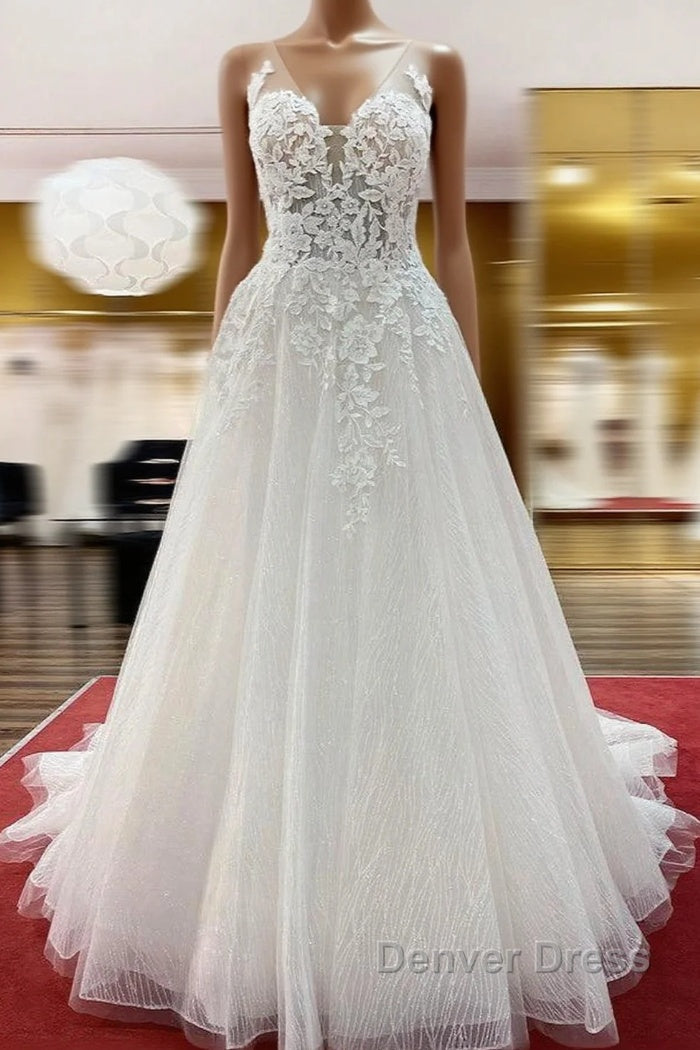 Long A-line Tulle Sleevless Ruffles Jewel Wedding Dresses With Lace Appliques Main image