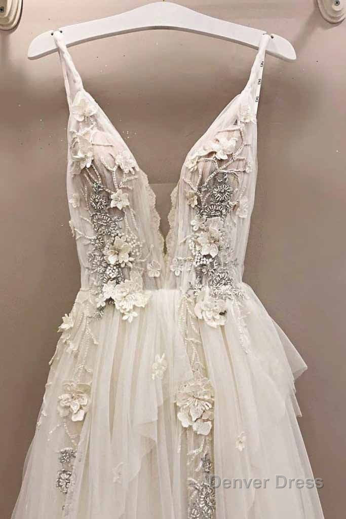 Long A Line Tulle V Neck Lace Applique Wedding Dresses Secondary image