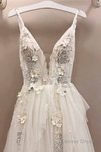 Long A Line Tulle V Neck Lace Applique Wedding Dresses