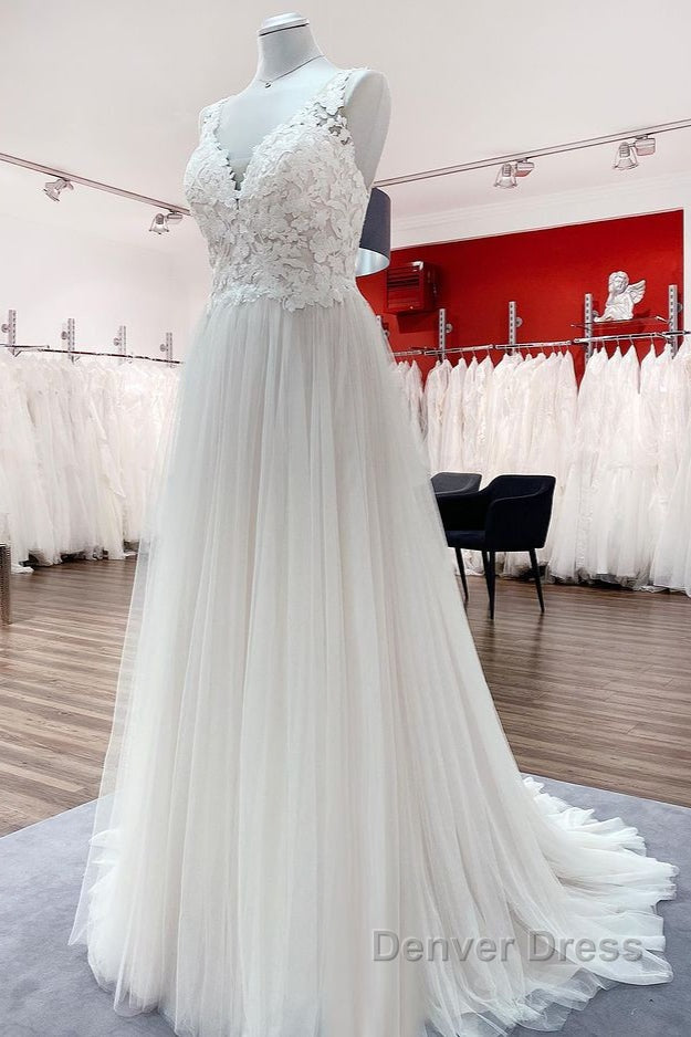Long A-line Tulle V Neck Open Back Appliques Lace Wedding Dresses Secondary image