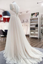 Long A-line Tulle V Neck Open Back Appliques Lace Wedding Dresses