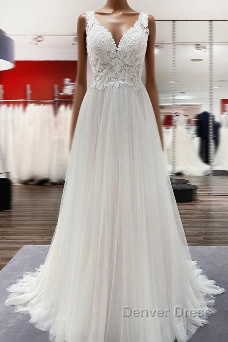 Long A-line Tulle V Neck Open Back Appliques Lace Wedding Dresses Main image
