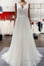 Long A-line Tulle V Neck Open Back Appliques Lace Wedding Dresses